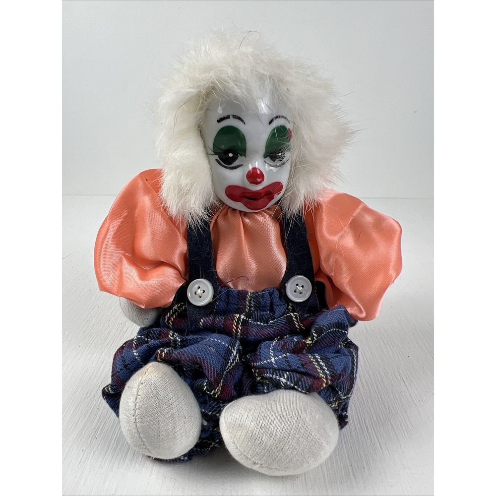 Porcelain Clown Weighted Shelf Sitter‎ Fabric Body Painted Vintage 8 inches